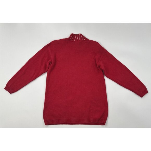 Victoria Jones Sweater Womens Medium Red Christmas Gold Snowflakes Tunic Beaded - Picture 5 of 12